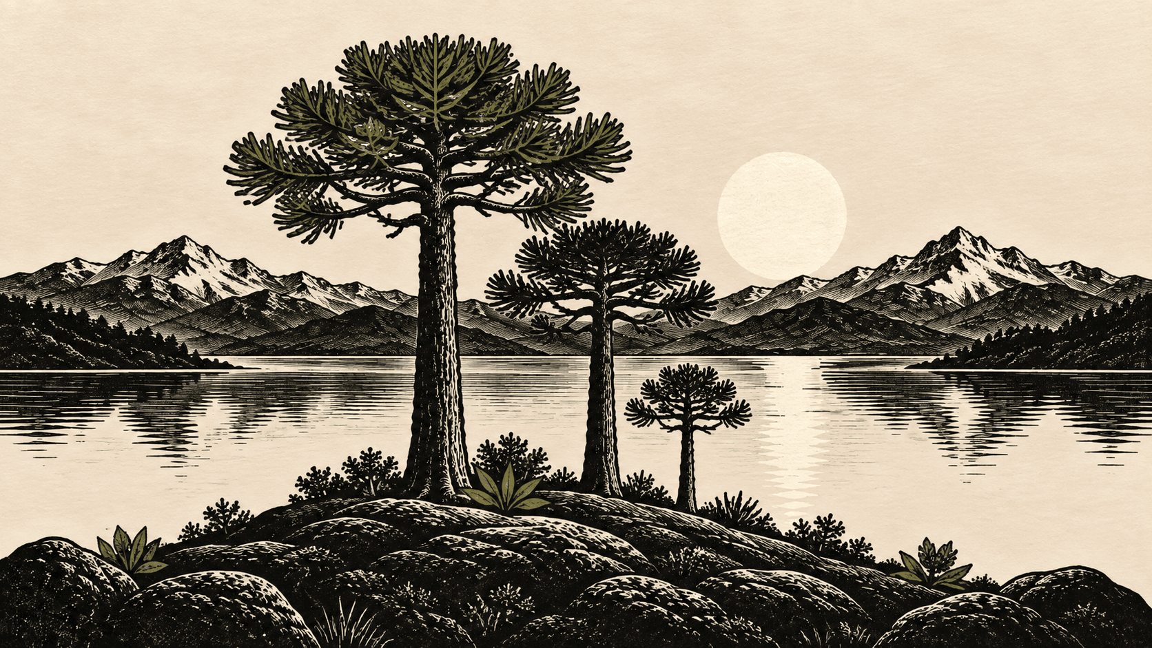 Tres araucarias de distintas alturas sobre una loma, junto a un lago con la cordillera al fondo