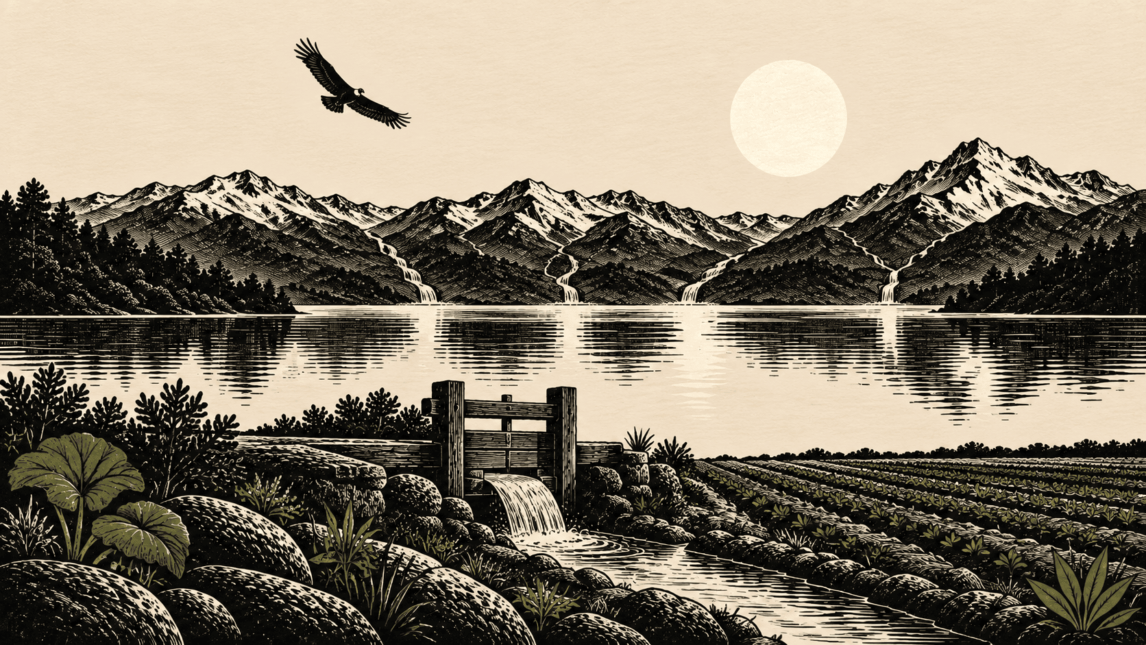 Esteros que bajan de la cordillera hacia un lago y una compuerta de madera que deja salir el agua hacia un campo sembrado